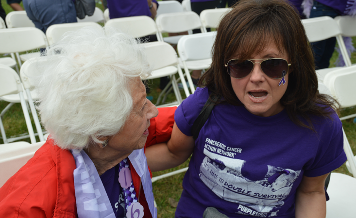 Celebrity Charlotte Rae comforts another pancreatic cancer survivor at walk in Orange County