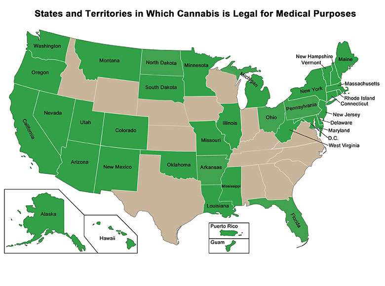 Map of U.S. states and territories indicating where medical marijuana is legal